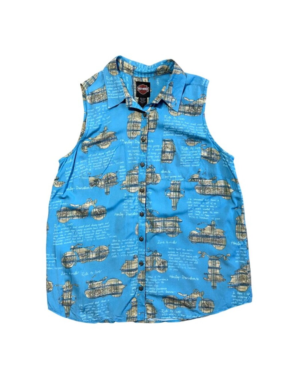 Vintage Harley-Davidson Women's Sz Large Sleeveless Button-Up Motorcycle Print